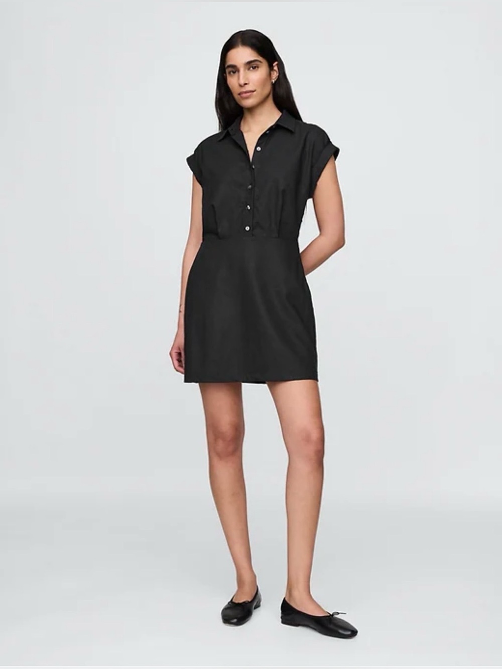 NWT GAP Black Short-Sleeve Linen Shirt Dress SZ:  XS